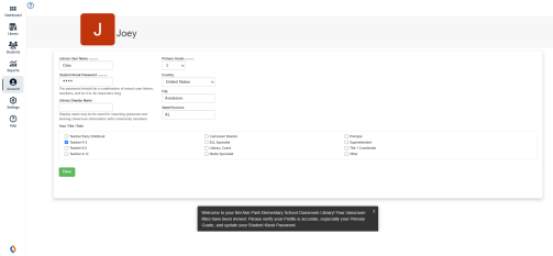 Account tab with library confirmation message.