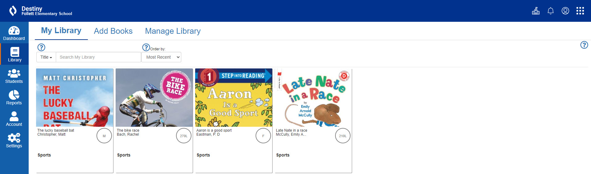 My Library tab in District Classroom Library Manager.