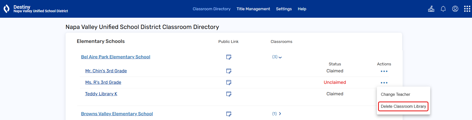 Classroom Directory page with Delete Classroom Library highlighted.