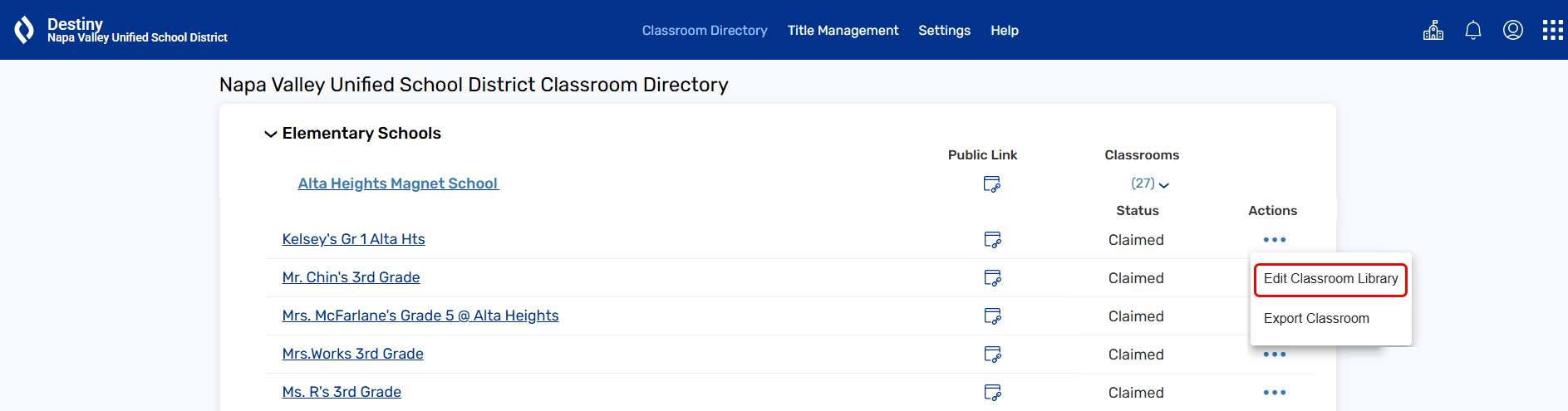 Classroom Directory page with Edit Classroom Library highlighted.
