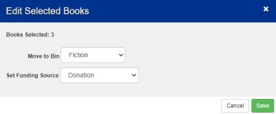 Edited Selected Books pop-up with Bin and Funding Source drop-downs.