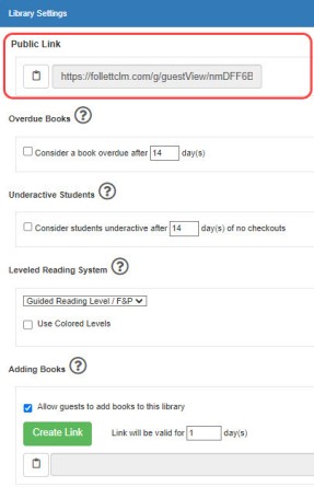 Library Settings page with Public Link highlighted.