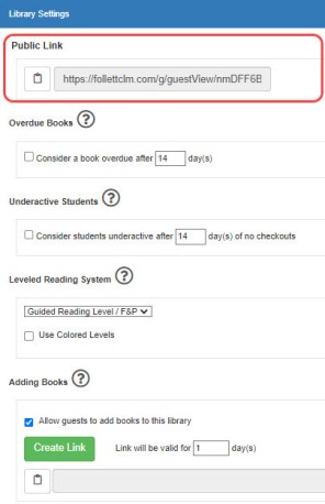 Library Settings page with Public Link highlighted.