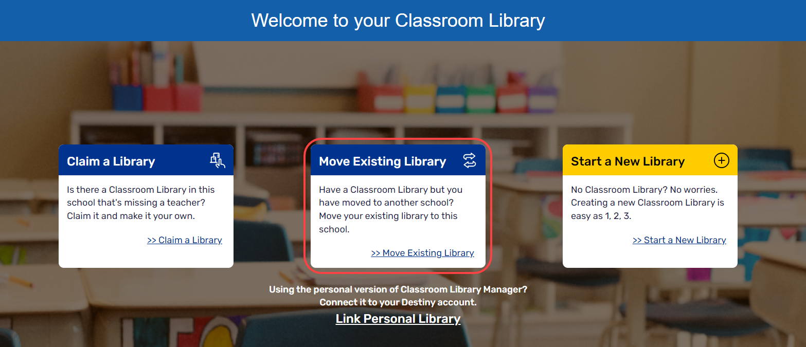 Welcome page with Move Existing Library option highlighted