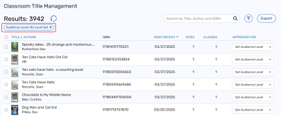 A list of titles on the Title Management page with no audience level set.