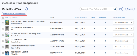 A list of titles on the Title Management page with no audience level set.