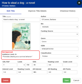 A title's details page with the Not Approved reason highlighted.