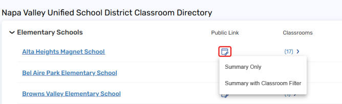 Classroom Directory with school links and summary options.