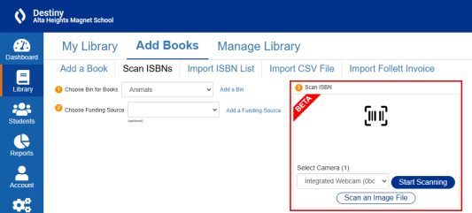 Scan ISBNs tab with camera field highlighted.