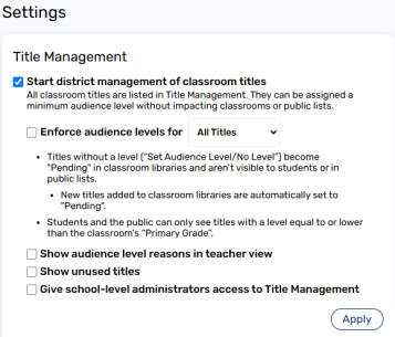Start district management of classroom titles permission on the Settings tab.