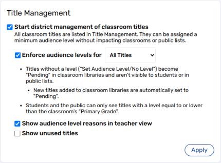 Settings page with title management and audience level checkboxes selected.
