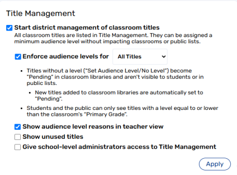 Settings page with Show audience level reasons in teacher view checkbox selected.