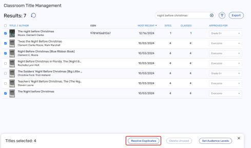 Search results with Resolve Duplicates button highlighted.