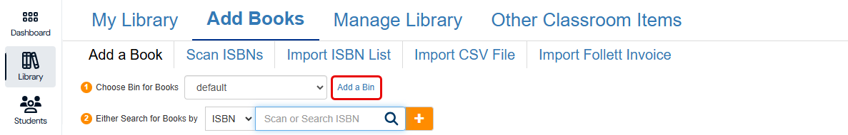 Add Books tab with Add a Bin highlighted.