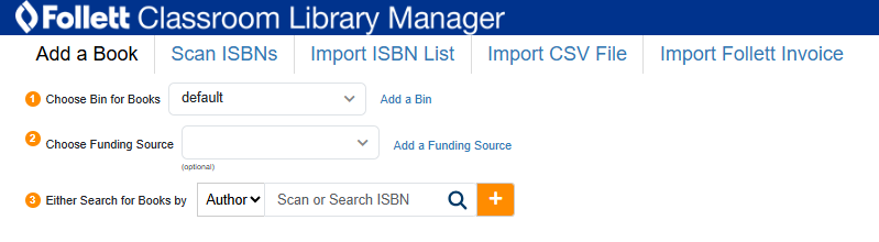 Add a Book page with options to add a book manually, scan ISBNs, import ISBN list, import CSV file, and import Follett invoice.