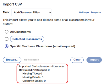 Add Classroom Titles drop-down with a summary of imported titles highlighted.