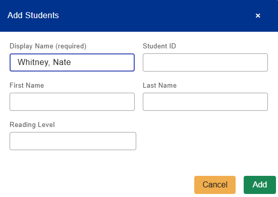 Add Students pop-up with Display Name, Student ID, First Name, Last Name, and Reading Level fields.