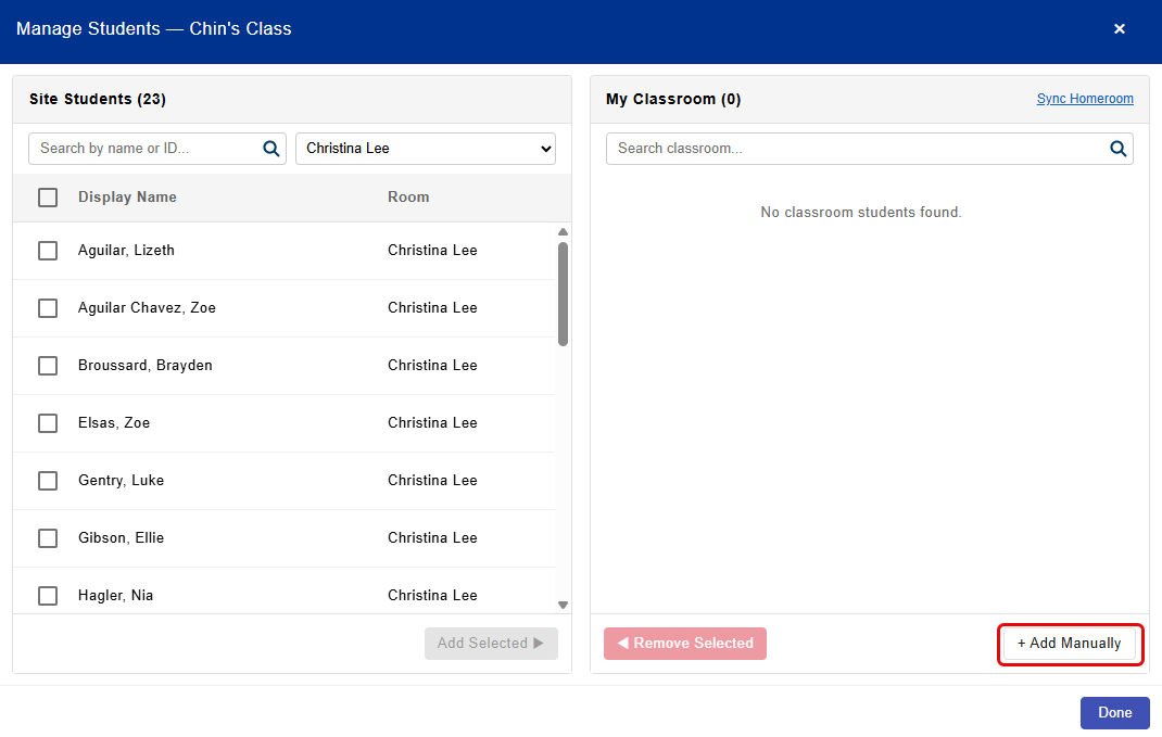 Manage Students page with Add Manually option highlighted.