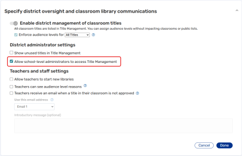 Settings page with Allow school-level administrators to access Title Management checkbox selected.