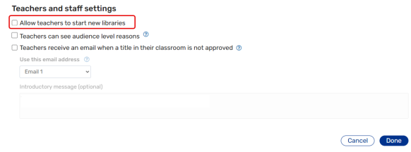 Allow teachers to start new libraries checkbox.