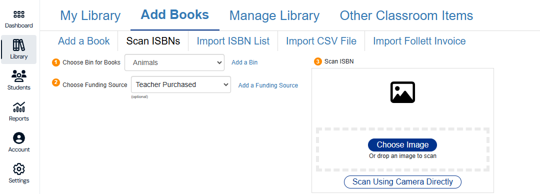 Scan ISBNs tab with Choose Image option.