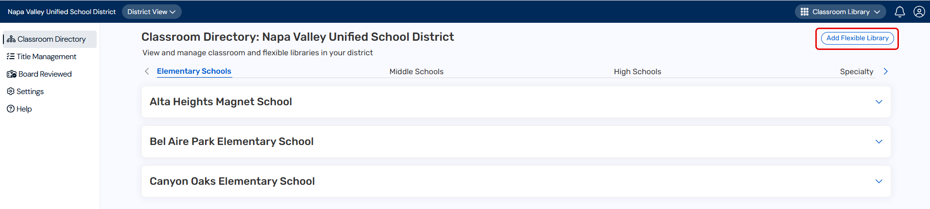 Classroom Directory page for the district with Add Flexible Library highlighted.