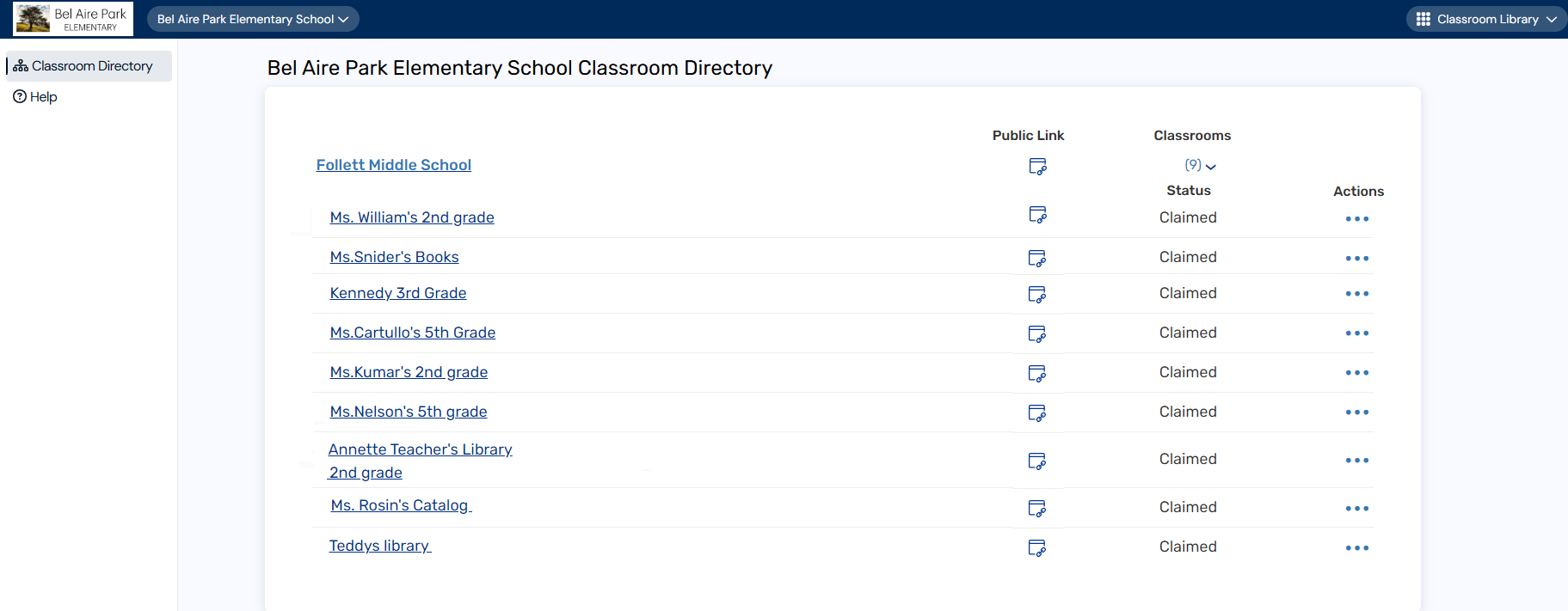 Classroom Directory page.