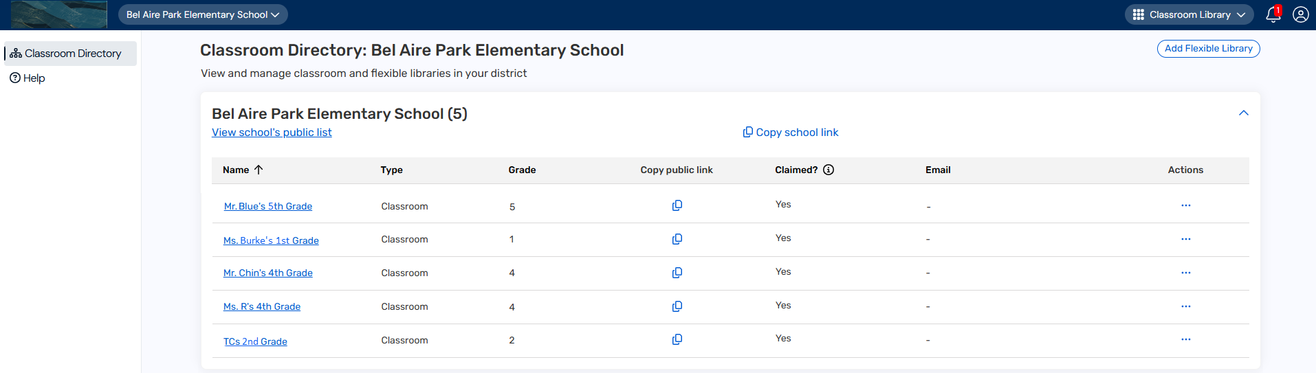 Classroom Directory page for the site.