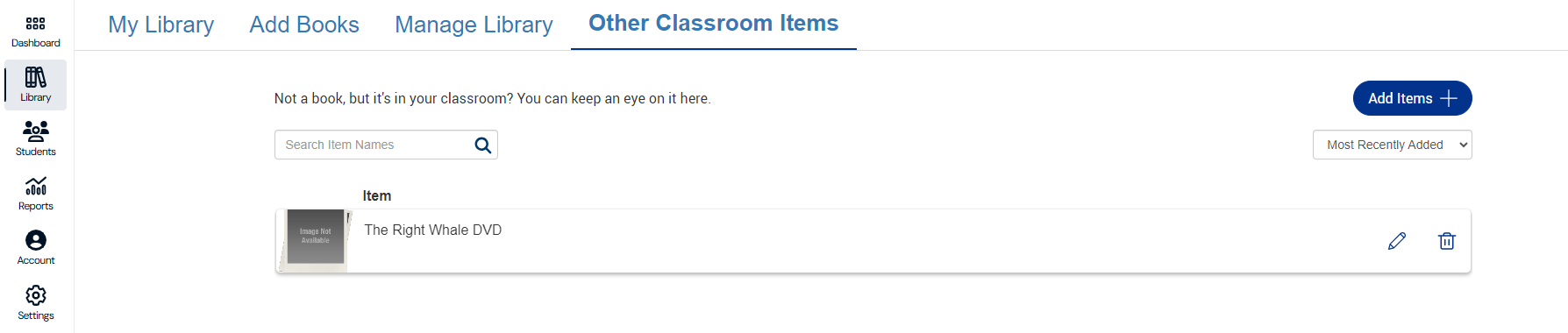 Other Classroom Items tab with list of items.