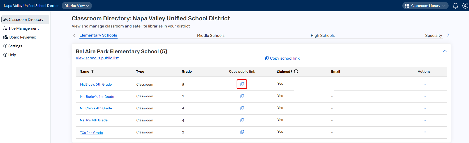 A list of classroom libraries with the Copy public link icon highlighted.