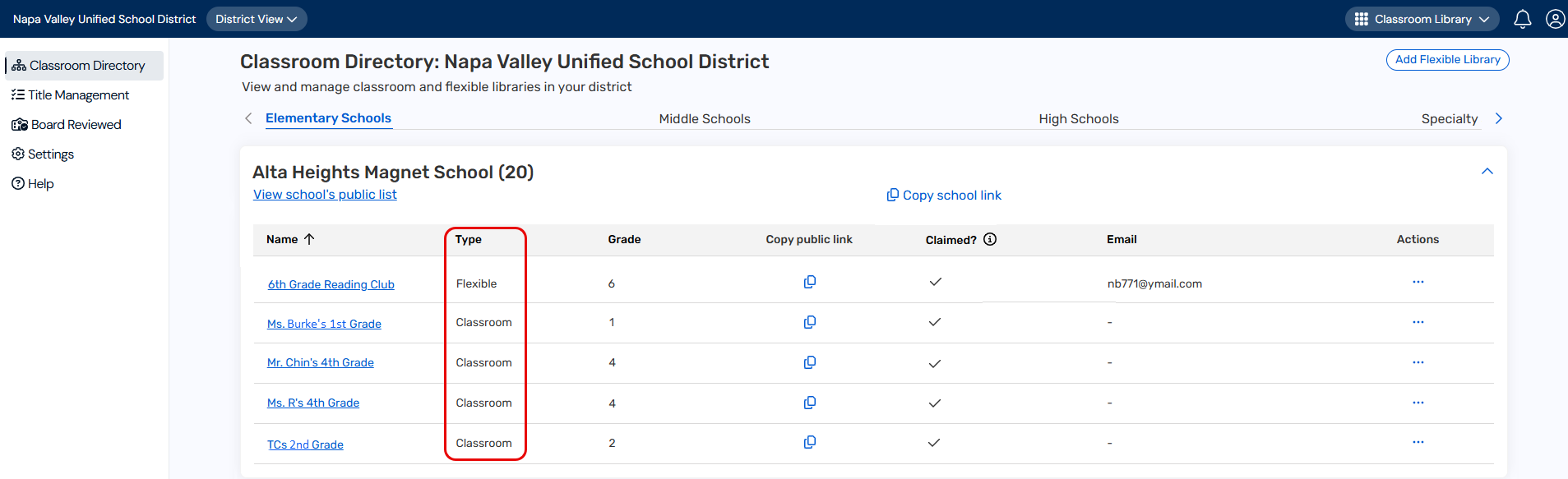 Classroom Directory page for the district with the Type column highlighted.