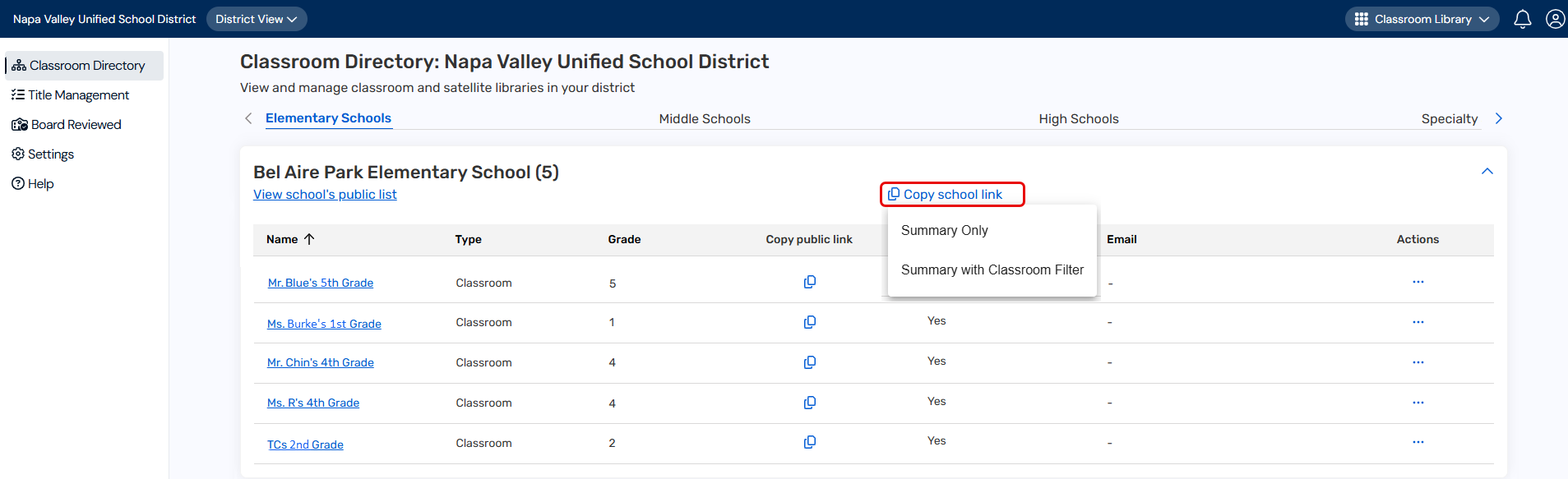 Classroom Directory with school links and summary options.