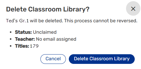Delete Classroom Library pop-up.