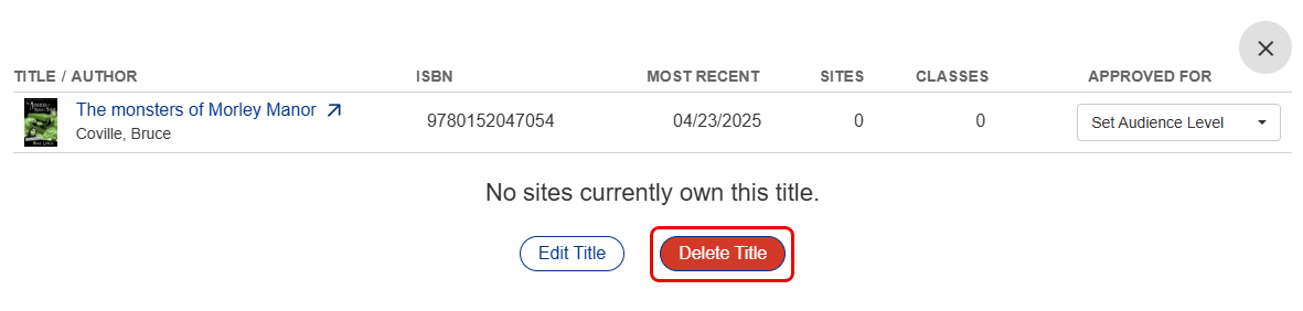 Title details page with Delete Title highlighted.