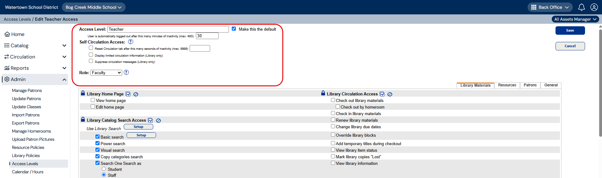 Access Level page with both Access Level and Role drop-downs highlighted.