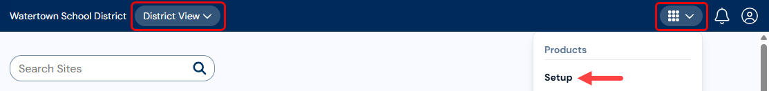Primary navigation bar with District view, Applications menu, and Setup options highlighted.