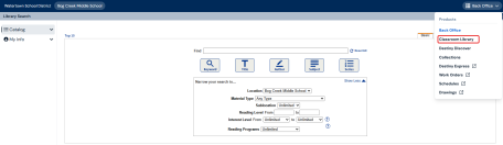 Destiny homepage with the Classroom Library option highlighted.