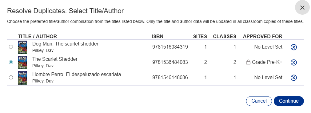 Resolve Duplicates pop-up with a title selected from a list of options.