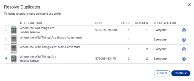 Resolve Duplicates pop-up with a title selected from a list of options.