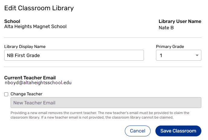 Edit Classroom Library pop-up.