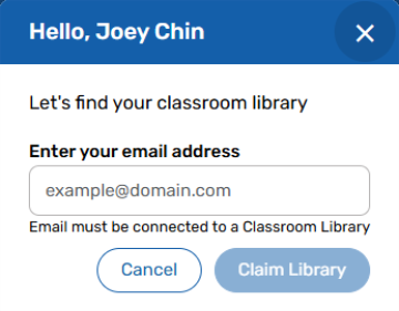 Claim Library message with email address field.