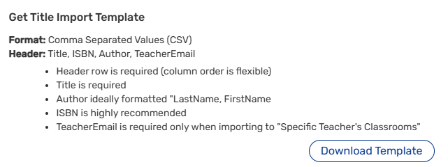 Get Title Import Template pop-up.