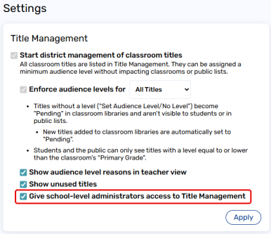 Settings page with Give school-level administrators access to Title Management checkbox selected.