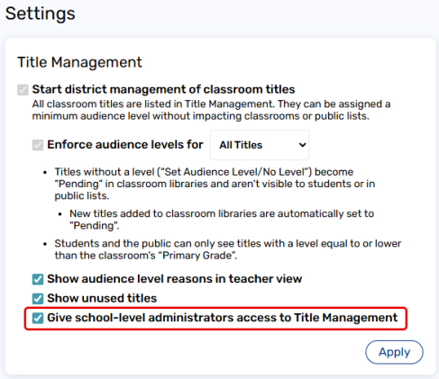 Settings page with Give school-level administrators access to Title Management checkbox selected.