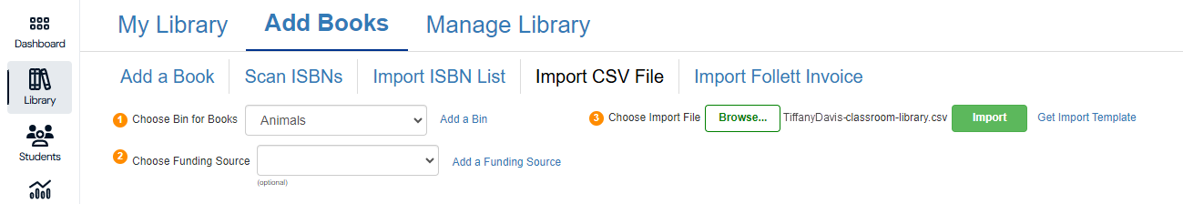 Import CSV File option with Browse button highlighted.