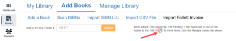 Import Follett Invoice option with Edit icon highlighted.
