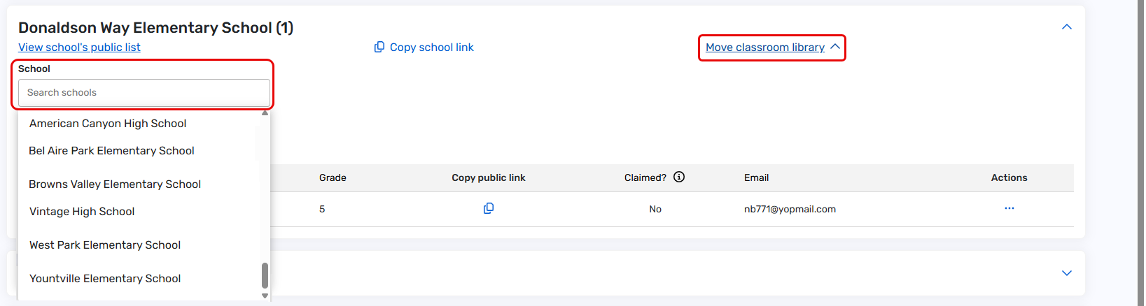 Move classroom library option with School drop-down highlighted.