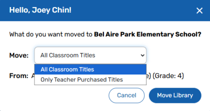 Move Library drop-down with options for All Classroom Titles or Only Teacher Purchased Titles.