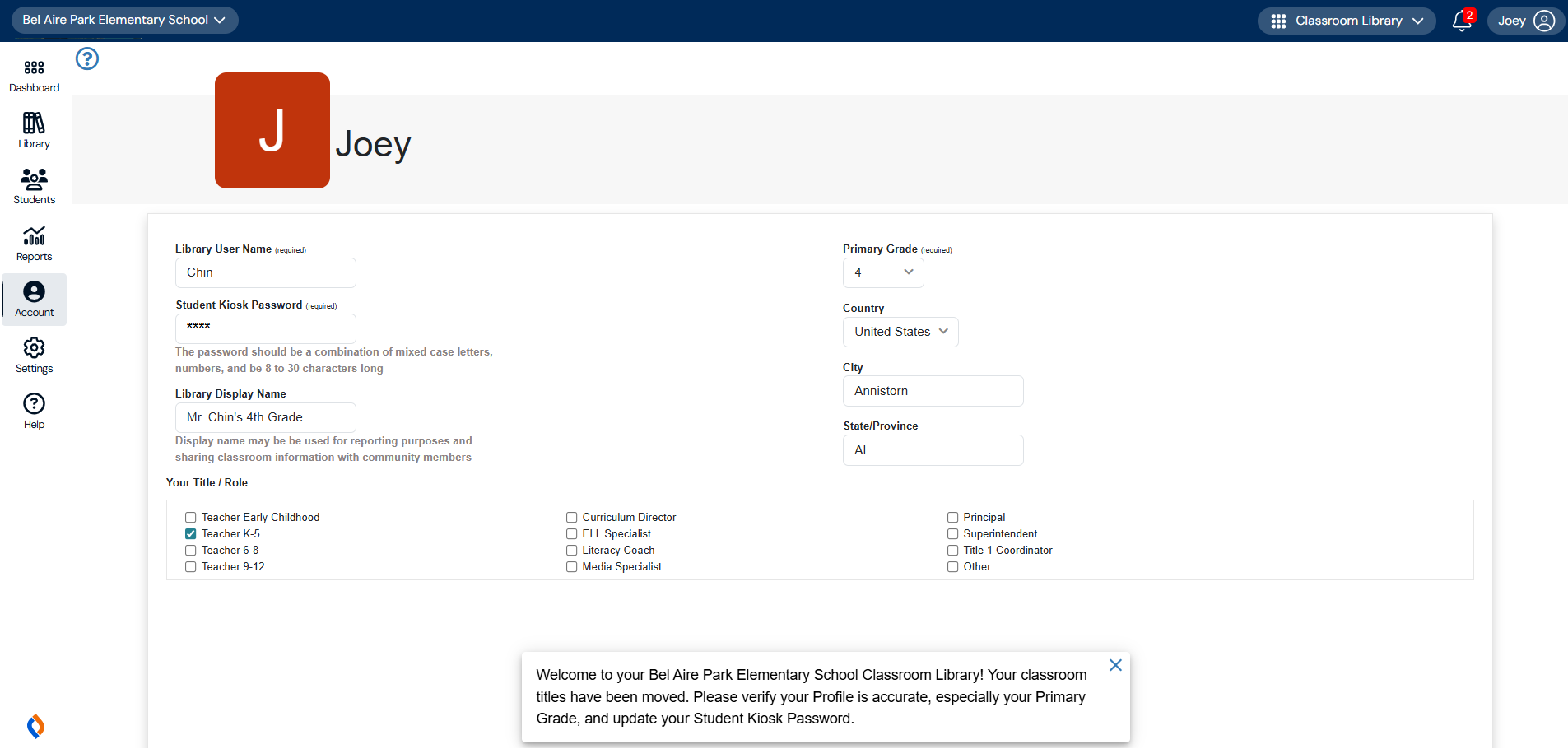 Account tab with move library confirmation message.