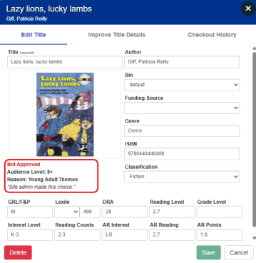A title's details page with the Not Approved reason highlighted.